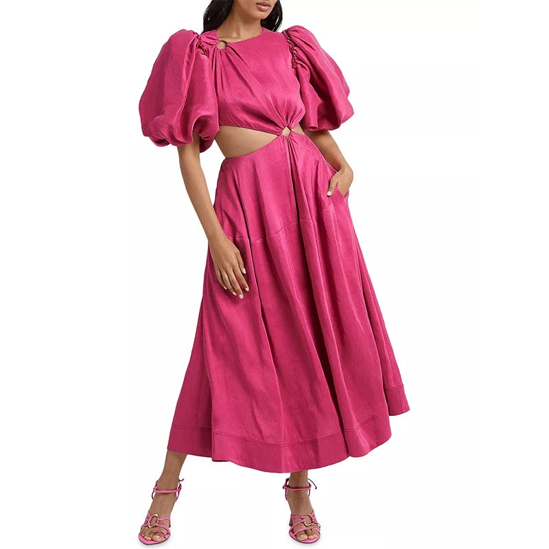 Custom New Fashion Ladies Summer Linen Cutout Wear Casual  Puff Sleeves Women Plain Midi Dress