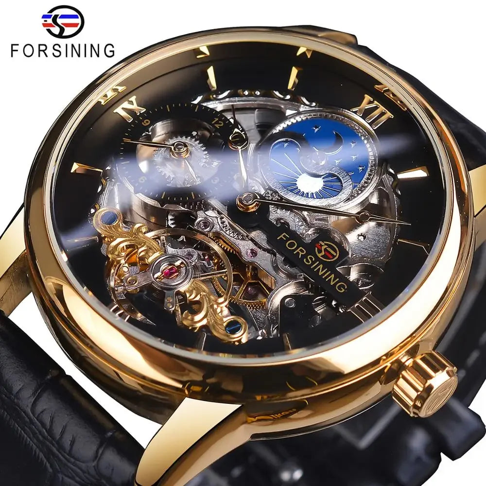 Forsining Dial Dual Time Zone Mechanical Watch Black Gold Leather Band Moon Phase Waterproof New Watch
