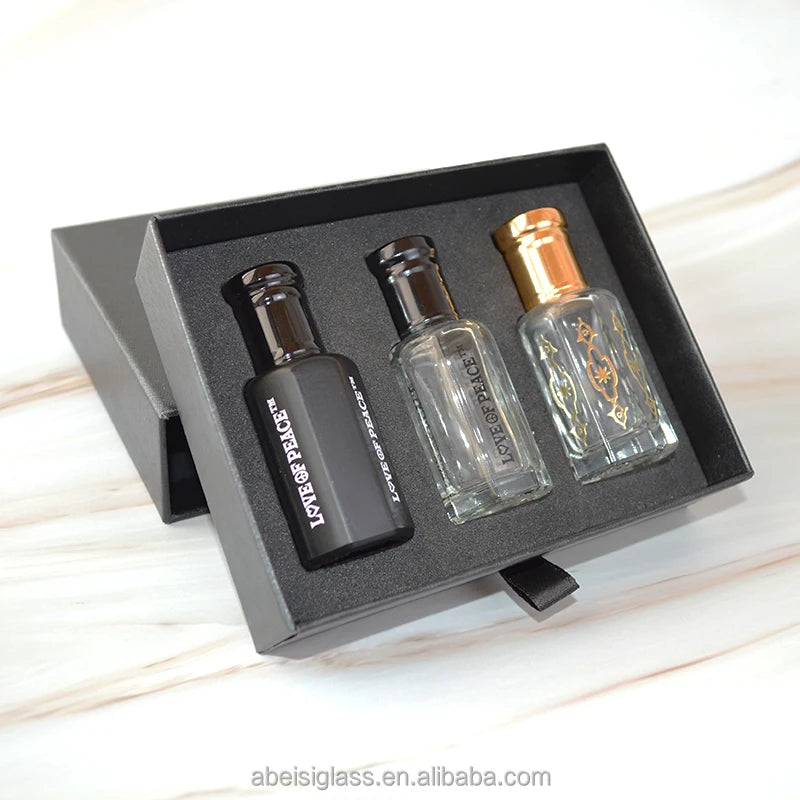 Luxury 3ml 6ml 12ml Oud Oil Perfume Bottle Black Cuboid Drawer Box Packing Gift Box in Set