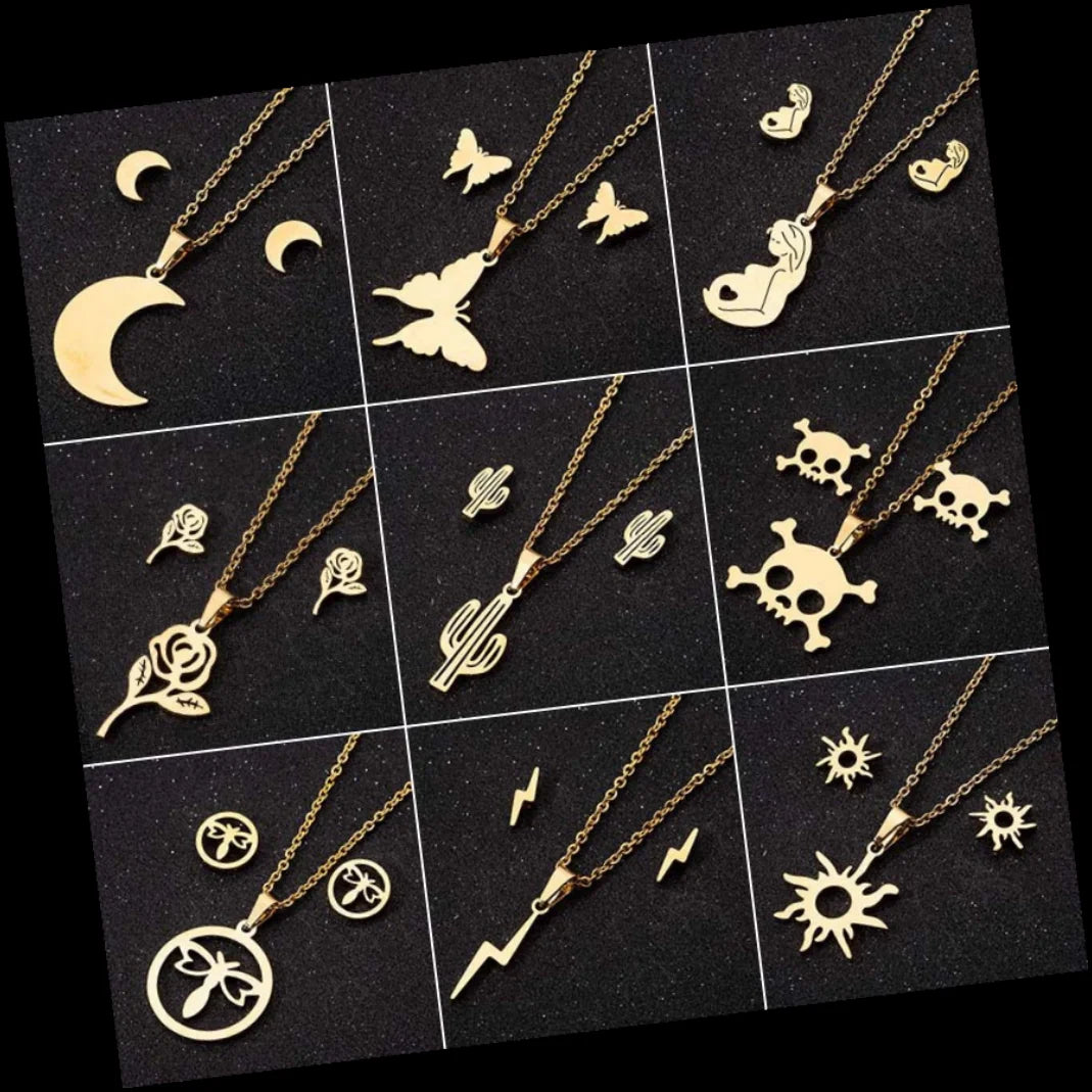 DAIHE New Fashion Bridal Gold Stainless Steel Fish Bone Wing Horse Flower Pendant Necklace Earrings Jewelry Set for Women