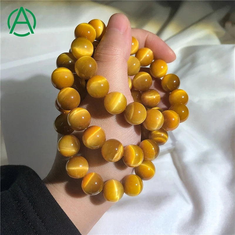 ArthurGem Genuine AAAAA Grade South Africa Golden Tiger Eye Beaded Bracelets Natural Golden Tiger Eye Bracelets for Women Men