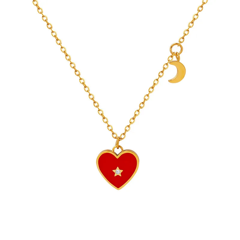 European and American Designs Non Tarnish 18K Real Gold Plated Red Heart Star and Moon Enamel Pendant Necklace