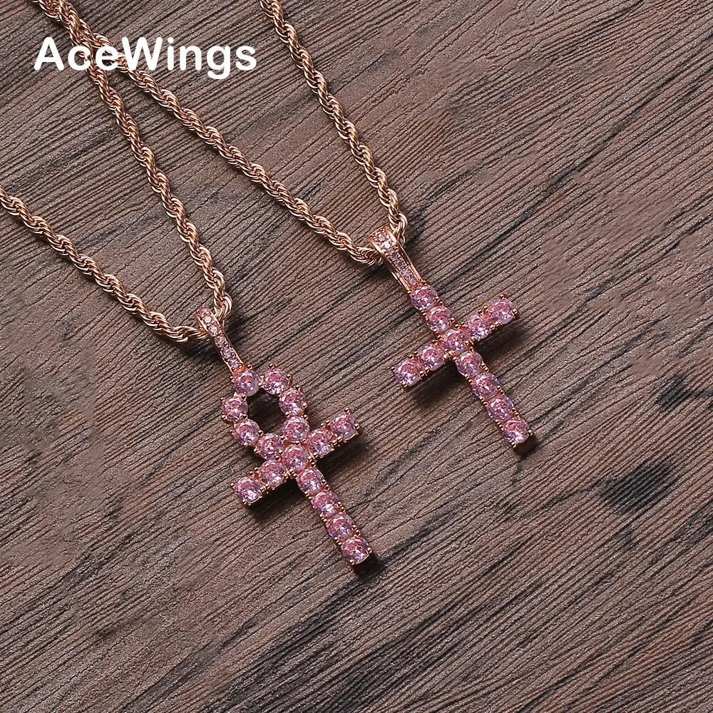CN220  Hip Hop Solid Back Anha Cross Pink Pendant Brass Micro Pave with CZ Stones Necklace Jewelry for Men and Women