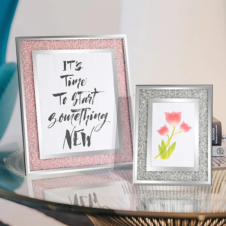 Decorative Modern Eco-Friendly Multi-Color UV Printed Picture Frame 4x6" 5x7" 8"x10" Silver Photo Holder Glass Mirror Sparkling