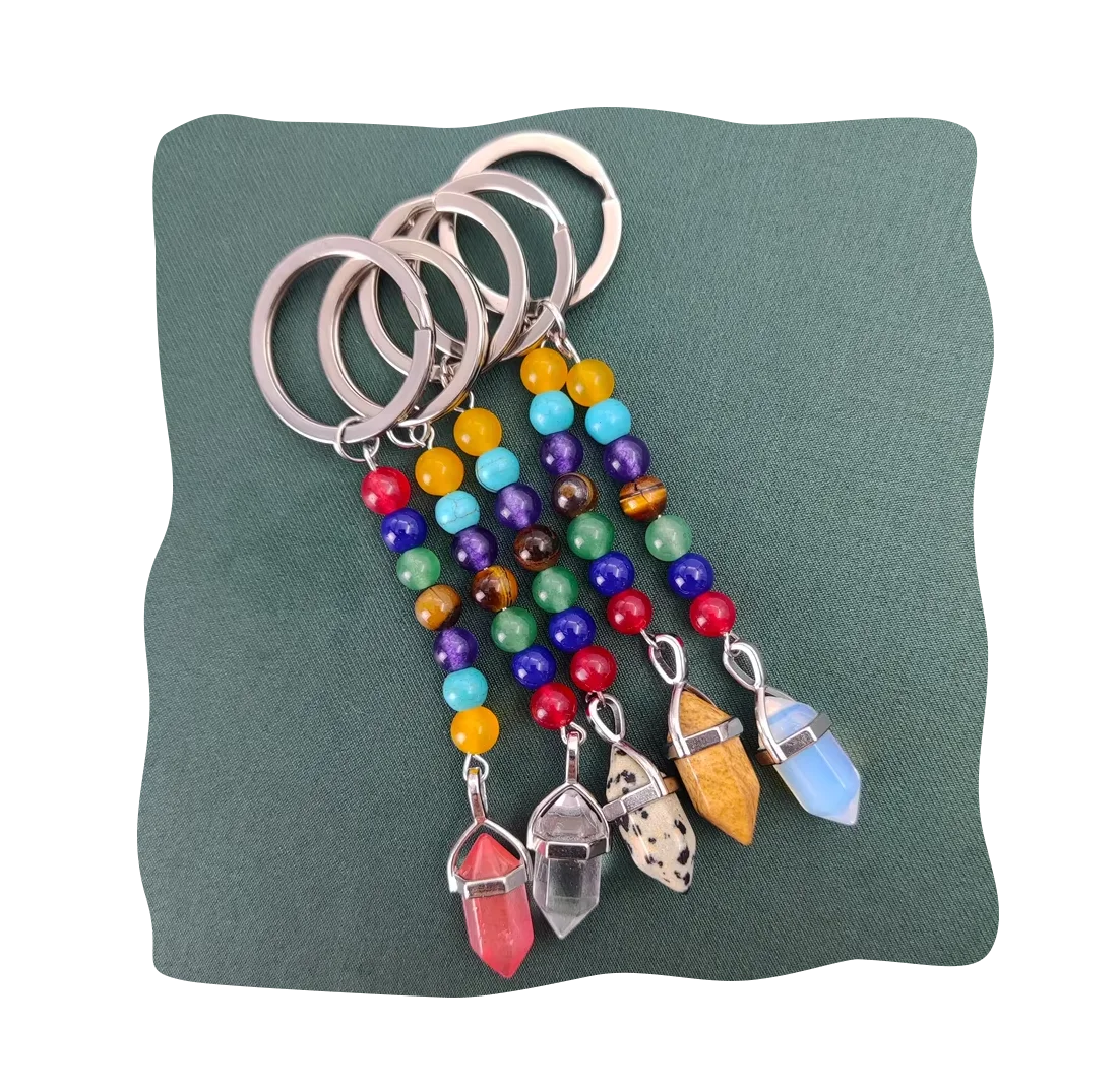 Trendy Hot Selling Natural Stone Crystal Fashion Key Chain 7 Chakra Bead Double Point Pendant Accessories Keychain for Car Rings