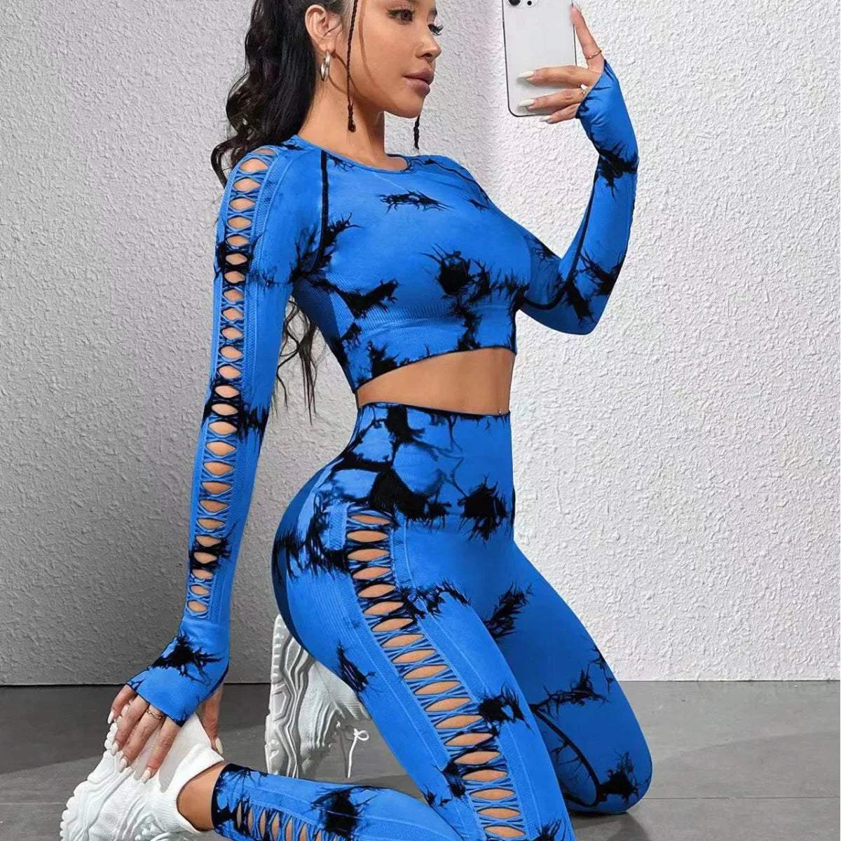 Hot Sale Seamless Yoga Clothes Side Hollow Long-sleeved Trousers Tie-dye 2-piece Set Women's Outdoor Sports Workout Clothes