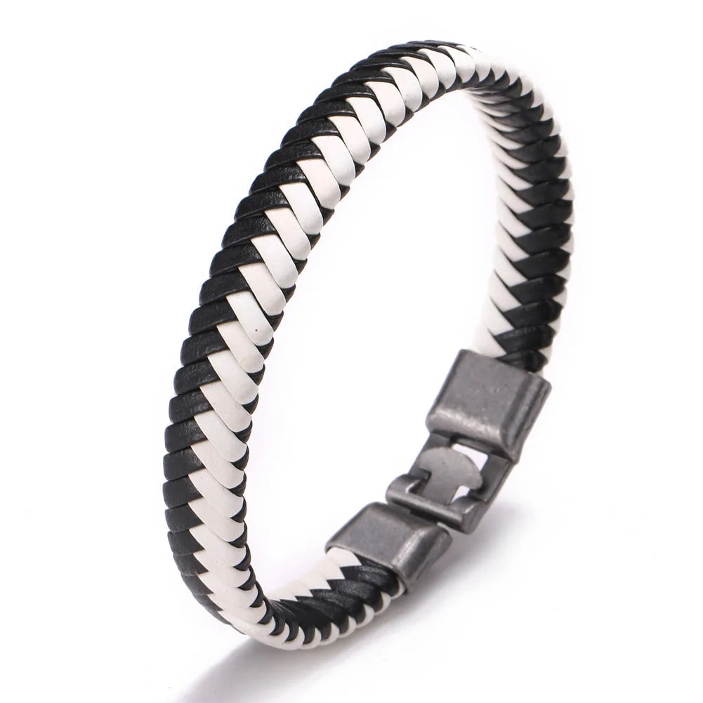 Men's Summer Charm Braided Leather Hand Jewelry Multicolor Pattern Alloy Hidden Buckle Ladies Bracelet