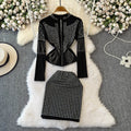 Spring and Autumn 2025 Versatile Slim Comfortable Fashionable Women's Wear Hot Diamond Two Piece Set Top and Skirt Trendy