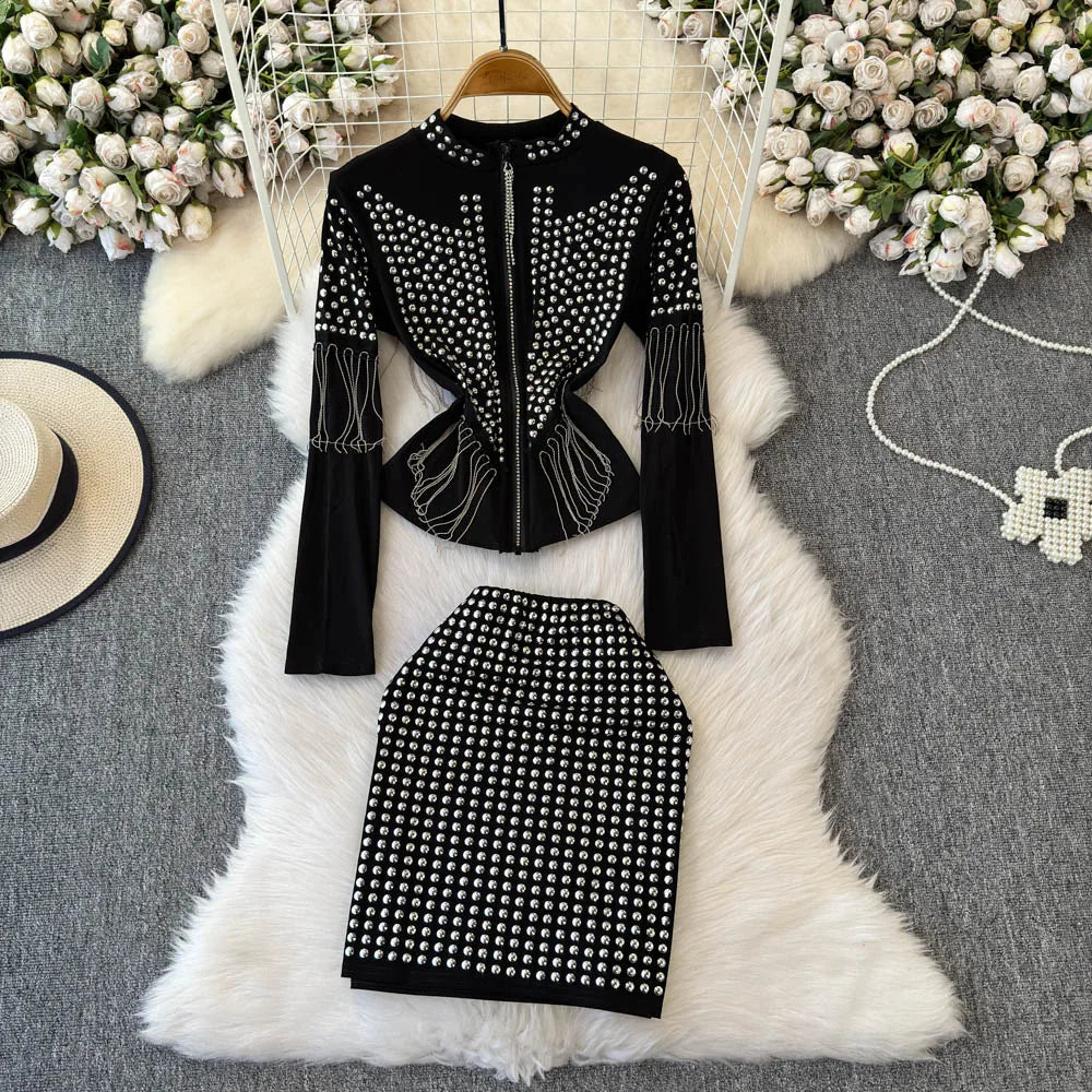 Spring and Autumn 2025 Versatile Slim Comfortable Fashionable Women's Wear Hot Diamond Two Piece Set Top and Skirt Trendy