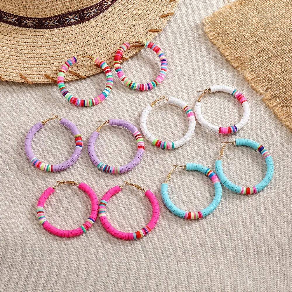 Bohemian Heishi Hoop Earrings Rainbow African Vinyl Disc Colorful Beaded Hoop Earring for Women Open Hoop Earring Beach Jewelry