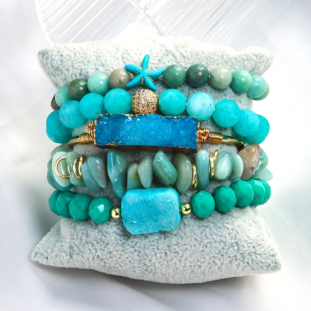New Fashion Bohemian Women's Handmade Jewelry Natural Stone Glass Beaded Elastic Bracelet Druzy Bangle 5pcs Stacked Bracelet Set