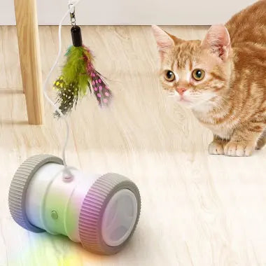 Automatic Rechargeable Cat Toy with Luminous Rolling Wheel Classic Modern Silicone Feather Interactive Pet Training Toy