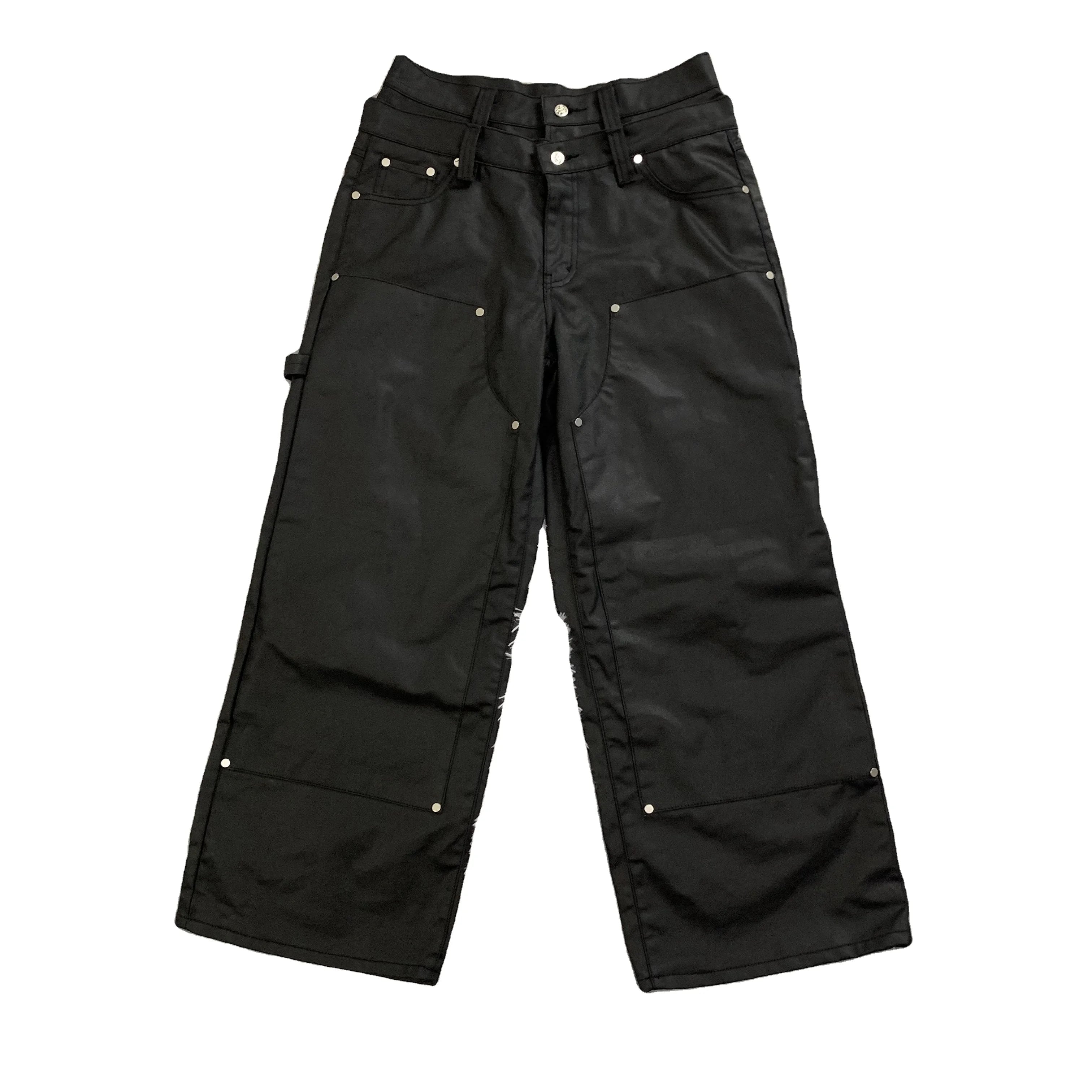 DENIMGUYS 2024 New Fashion High Quality Men's Black Double Knee Work Carpenter Pants Men Waxed Coated Denim Jeans