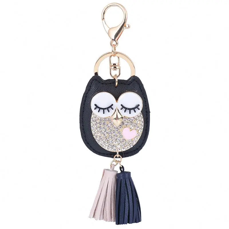 PU Leather Owl Tassel Keychain Women Purses Creative Cute Crystal Rhinestone Animals Owl Car Key Chain