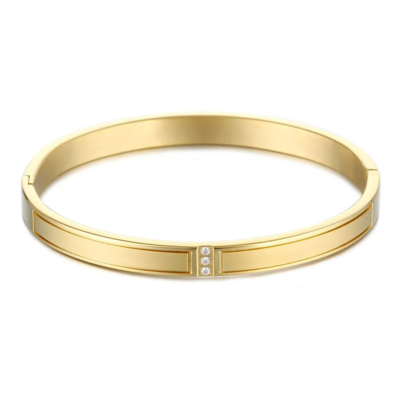 Three Diamond Crystal CZ Stone Inlay Stainless Steel 18K Gold Plated Bangles Bracelets