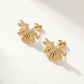 QIAOREN 12265 Waterproof Tarnish Free Sunburst Arch Earrings Gold Stainless Steel Dotted CZ Ribbed Fringe Studs Jewelry EU US