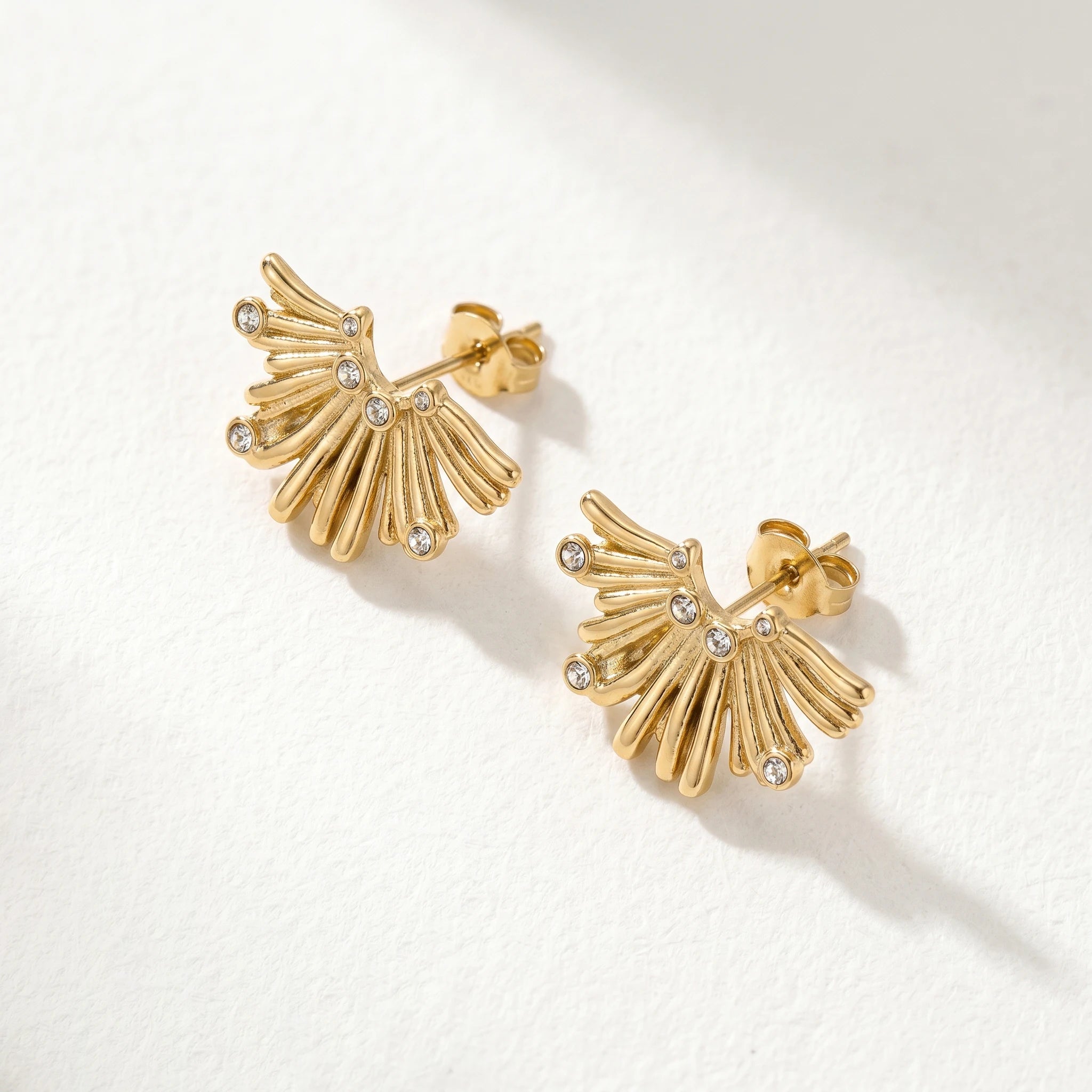 QIAOREN 12265 Waterproof Tarnish Free Sunburst Arch Earrings Gold Stainless Steel Dotted CZ Ribbed Fringe Studs Jewelry EU US