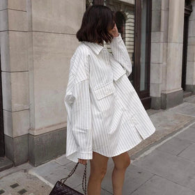 Spring Summer Clothing White Shirt Ladies Casual Button Up Long Sleeve Oversized Striped Long Shirts For Women Fashion