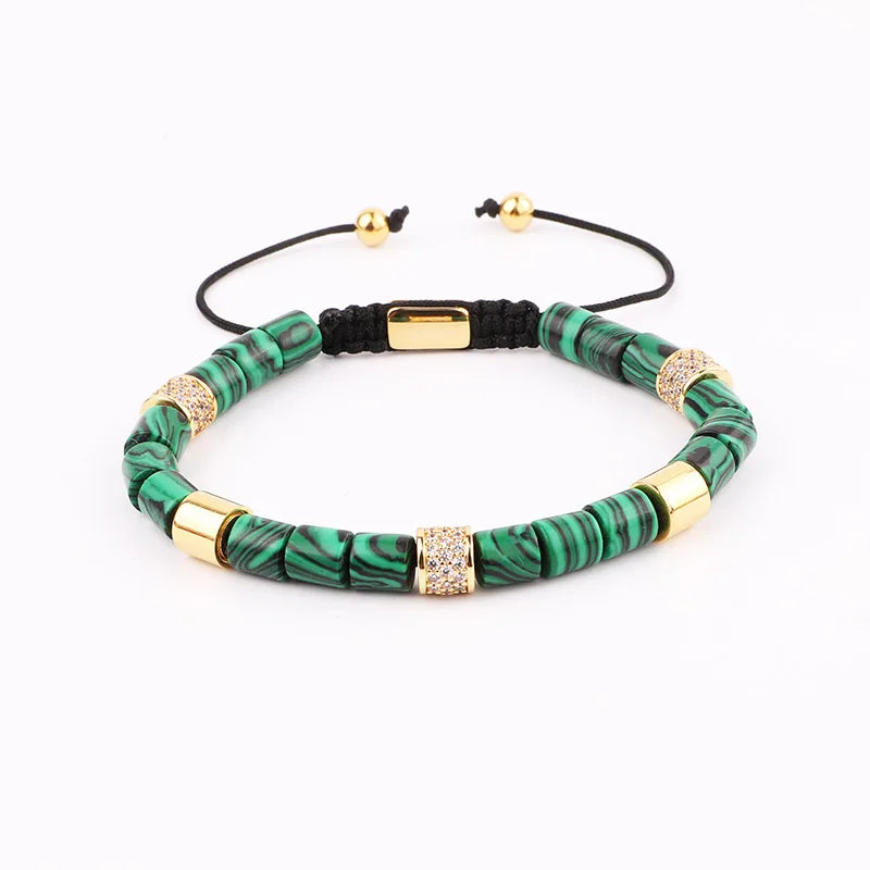 Renting Jewelry New Design Malachite Tube Stone Stainless Steel Beads CZ Charms Macrame Adjustable Bracelet Men Women