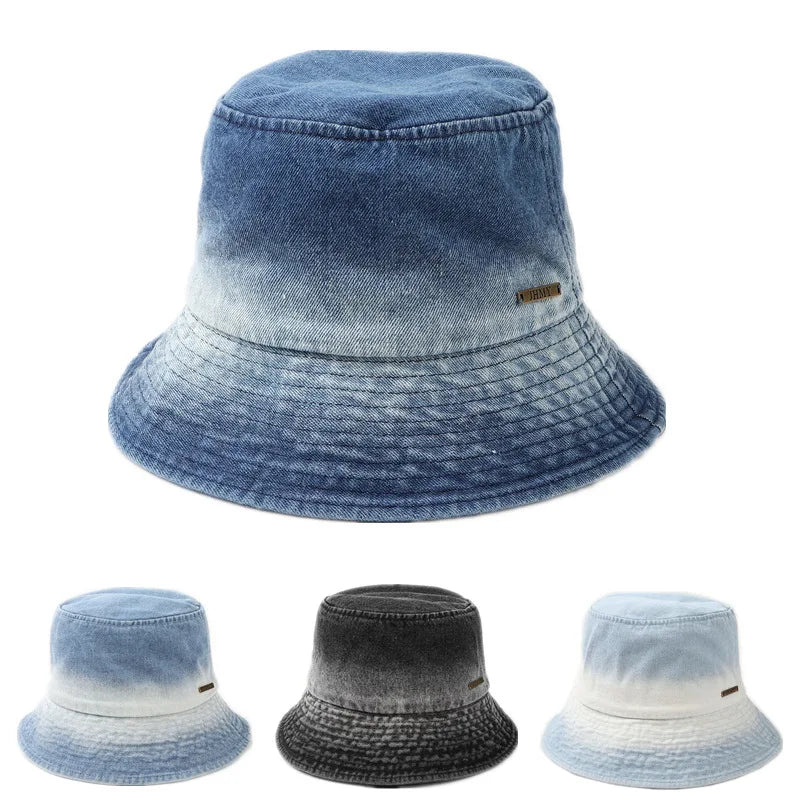 Custom logo Gradient Packable Wide Brim Bucket Hat Summer Washed Denim Travel Beach Sun Hat for Women Men