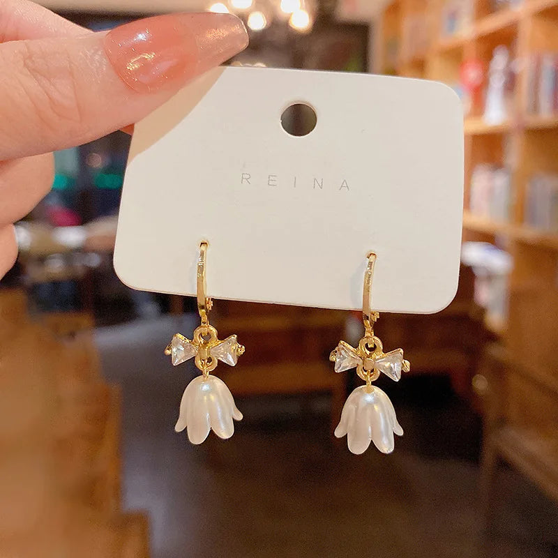 Pendientes De Tulipane Elegant  Gold Plating Acrylic Zircon Flowers Earring Crystal Bowknot Bell Orchid Flower Drop Earring