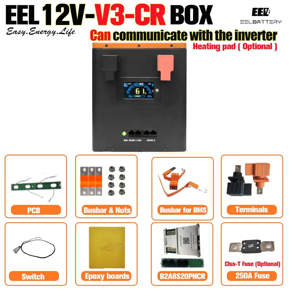 EU Stock DDP 12V 4S1P DIY Lithium-ion Battery Box with JK 200A BMS for 280ah/304ah/306ah/314ah LiFePO4 Cells With M6 Stud for RV