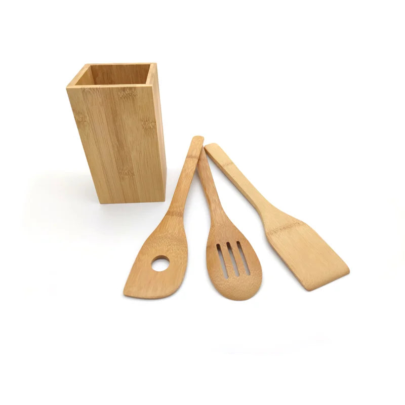 Tailai 1USD Clearance Bamboo Wooden Spoons Set Kitchen Cooking Tool Utensils Set  & Spatula With Holder Camp Tables Bamboo.