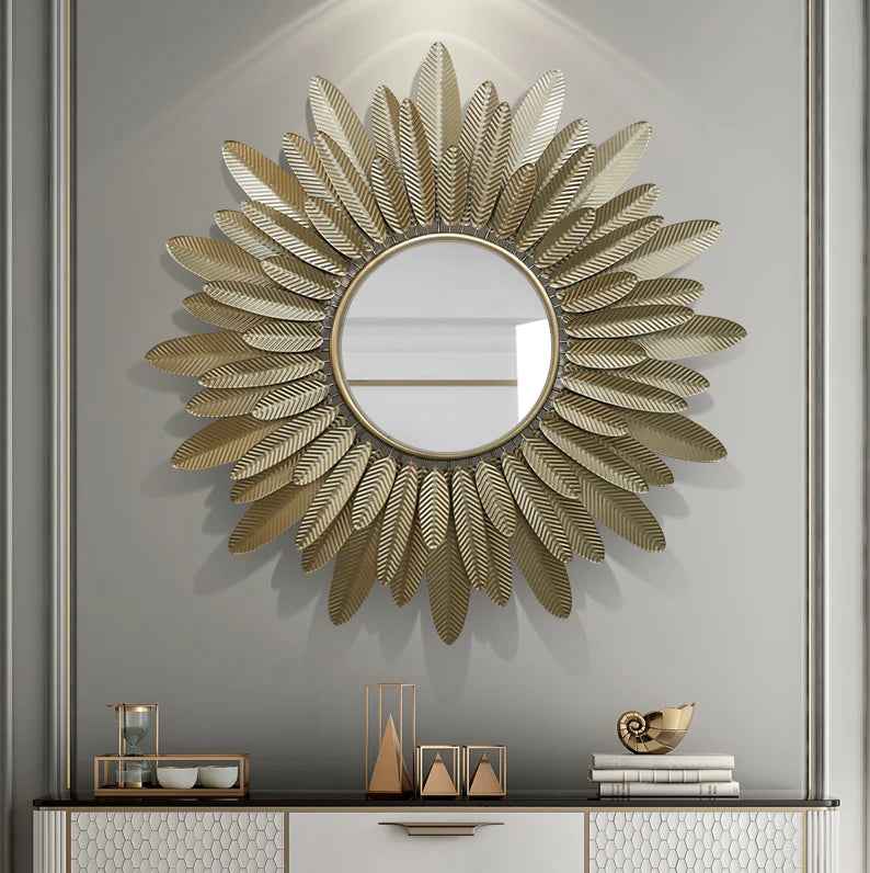 82CM Superior Quality Large Wall Art Mirror Gold Metal Frame Feather Modern Decorative Living Room Hanging Dropshipping DDP
