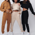 Long Sleeve Sport Gym Sweatsuit Crop Top Women's Hoodies Set Solid Color Training Jogger Track Pants and Crop Top Sweatshirt Set