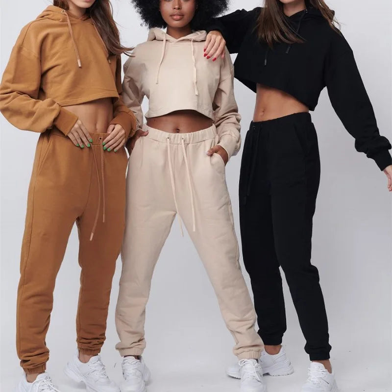 Long Sleeve Sport Gym Sweatsuit Crop Top Women's Hoodies Set Solid Color Training Jogger Track Pants and Crop Top Sweatshirt Set