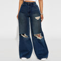 Women's High-Waisted Wide-Leg Ripped Jeans Denim Fabric Dark Wash Casual Hip Hop High Street Style With Pockets New Design
