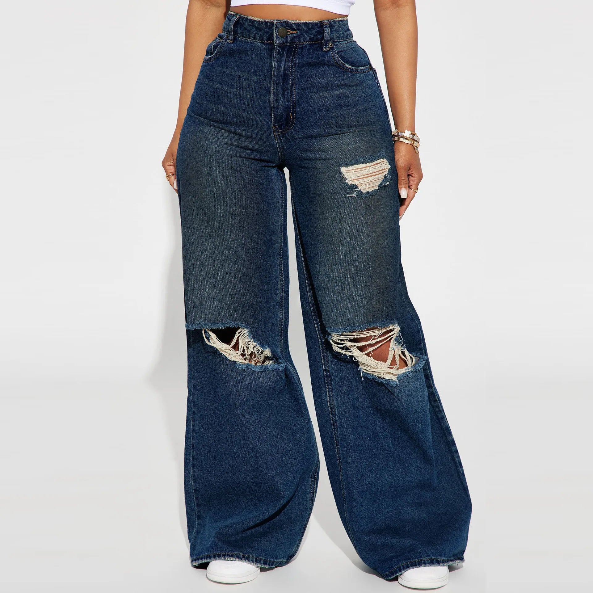 Women's High-Waisted Wide-Leg Ripped Jeans Denim Fabric Dark Wash Casual Hip Hop High Street Style With Pockets New Design