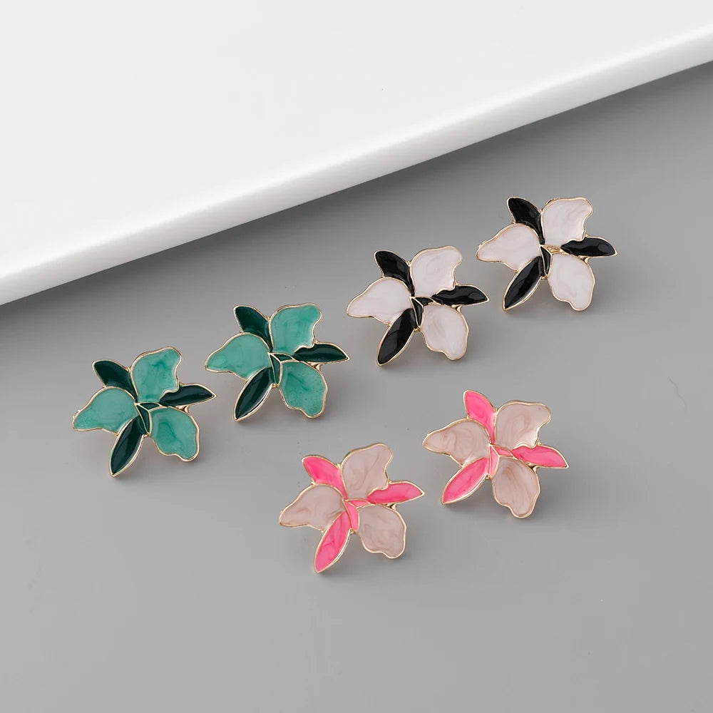 Elegant Pink Green Oil Dripping Flower Earrings Stud Irregular Enamel Flower Ladies Earrings