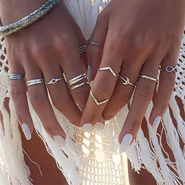 Fashion High Quality Bohemian Silver Stackable Ring Set Star Moon Knuckle Ring
