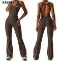 PASUXI OEM Deep U Neck Backless Hollow Out Workout Sports Gym One Piece Yoga Active Flare Leggings Fitness Jumpsuit for Women