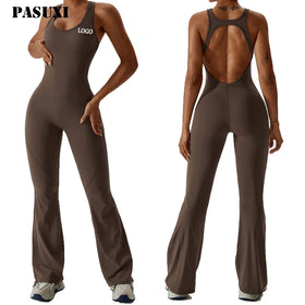 PASUXI OEM Deep U Neck Backless Hollow Out Workout Sports Gym One Piece Yoga Active Flare Leggings Fitness Jumpsuit for Women