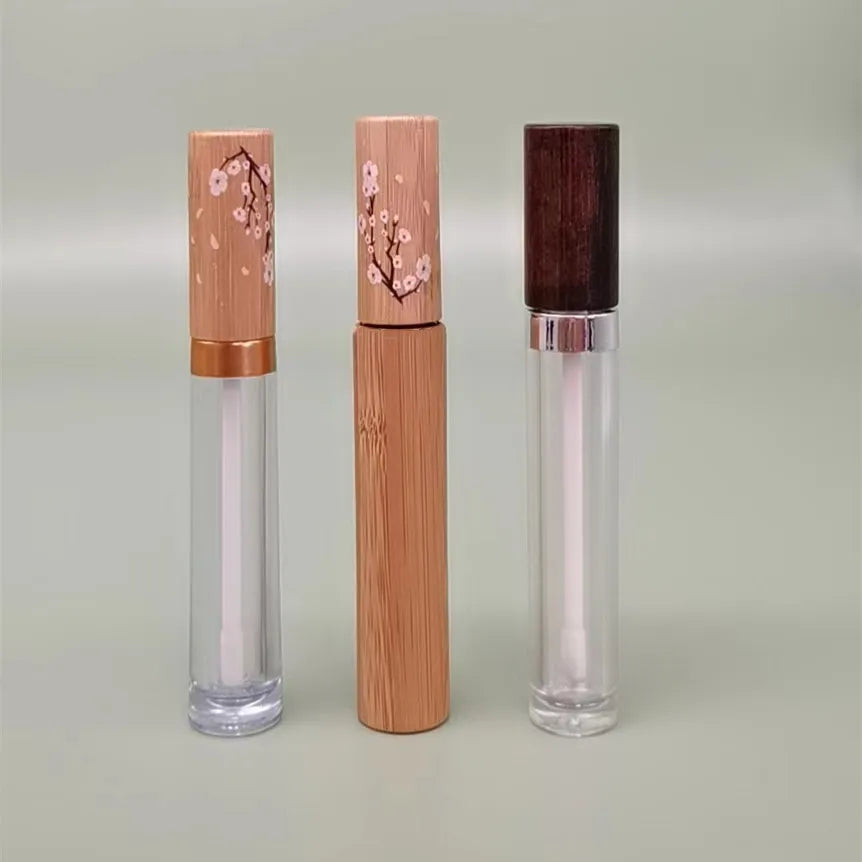 Customizable Private Label 10ml Bamboo Wood Tube Lipstick  Lip Gloss Bottle White Brush Head Bamboo Cap