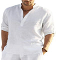 RNSHANGER New Cotton Linen Breathable Casual Lightweight Summer Beach Shirts for Men V-NECK Solid Color