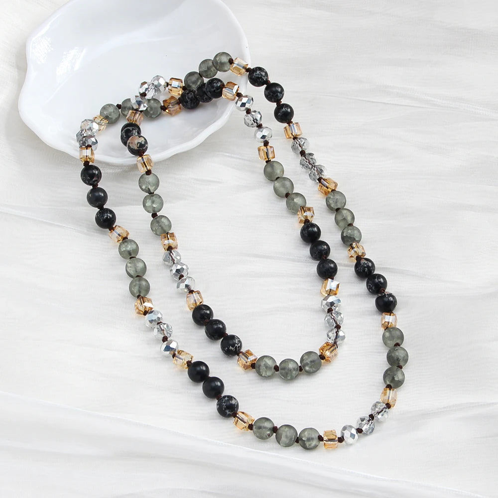 Fashion Bohemian Simple Style 8mm Tiger Eye Natural Stone Glass Beaded Knotted Necklace for Women Jewelry Daily Wear