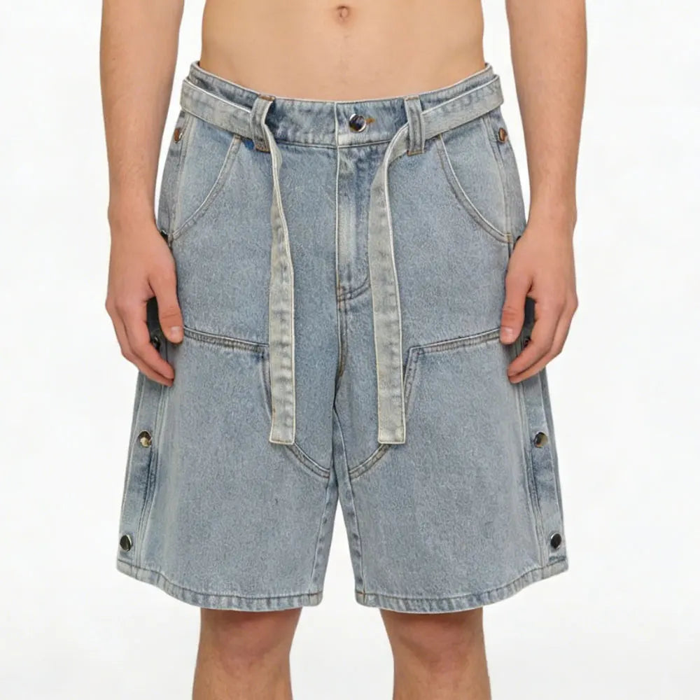 Custom Oversized Jeans Side Buttons Fade Wash Denim Shorts for Men