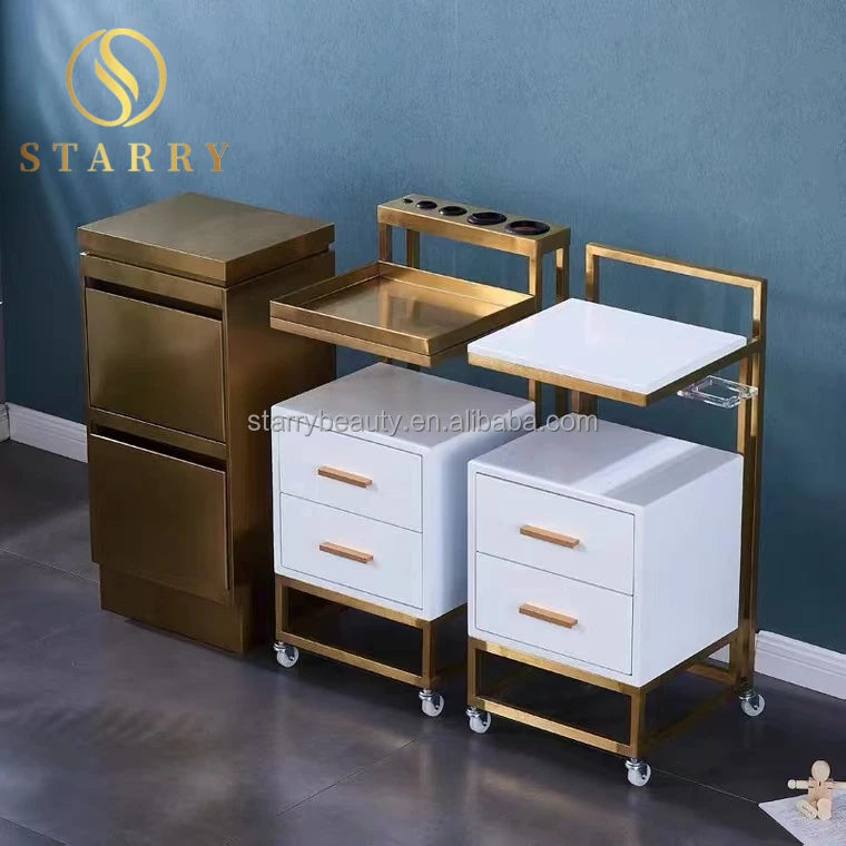 Ready to Ship Luxury Modern Golden Wooden Hair Salon Trolley for Hotel and Home Office Use