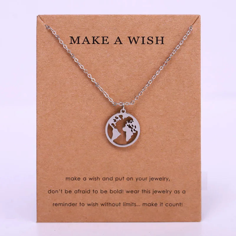 Stainless Steel Feather Bear Hamsa Hand Fatima Lucky Clover Palm Tree Mountain World Map Travel Tourist Pendant Chain Necklace