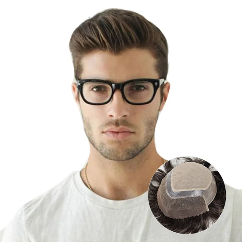 Men's Hairpieces Silk Base with 1'' Thin Skin Around Toupee Durable Men's Wigs 100% Human Hair System Unit Male Hair Prosthesis