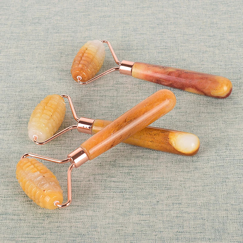 DIY Jade Roller Gua Sha Wand Face Eye Neck Beauty Roller Guasha Anti-Aging Natural Yellow Jade Spiked Roller Facial Skin Care