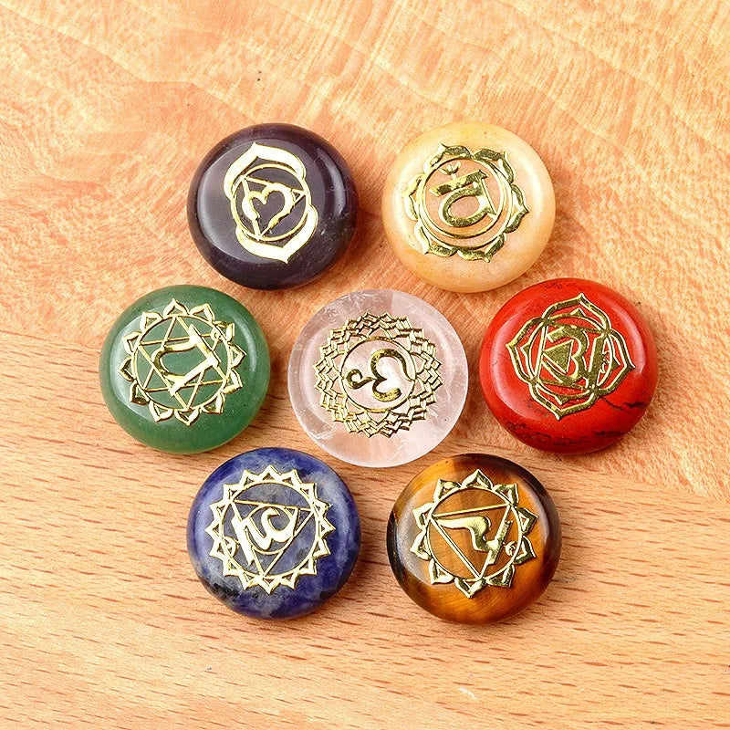 7pcs Set Yoga Energy Natural Healing Crystal Reiki Symbol Seven Chakra Gem Stone Disc Set for Gift Decor