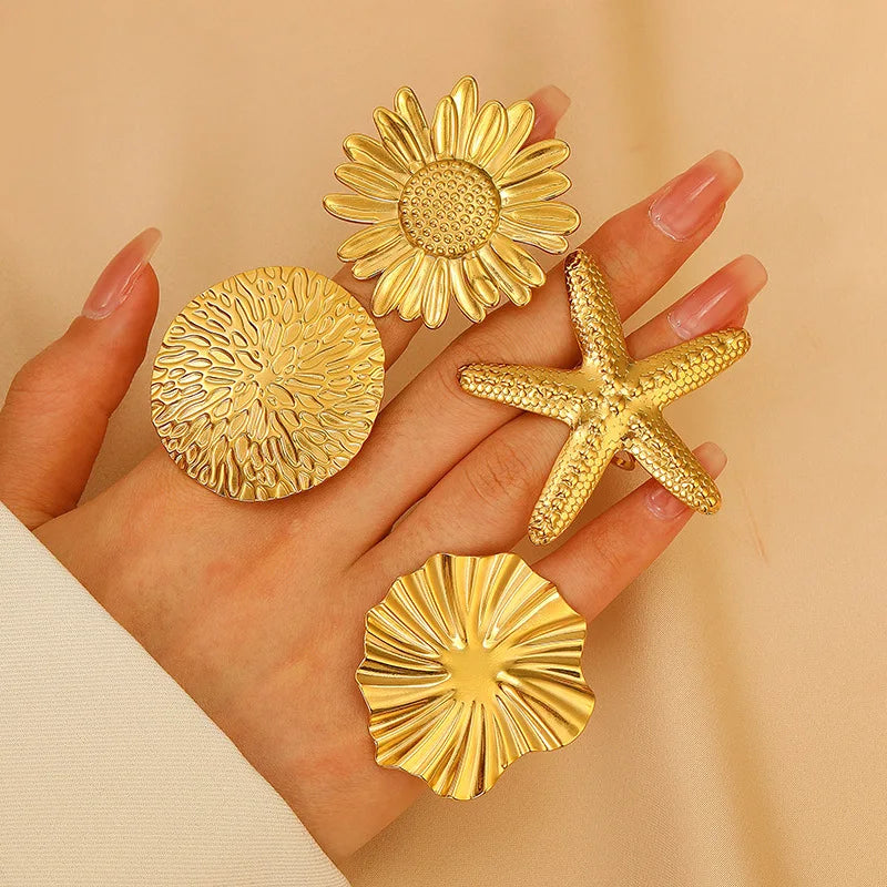 European and American Style Women's Chunky Big Vintage Stainless Steel 18k Gold Heart Snake Starfish Sea Pvd Plating Ring