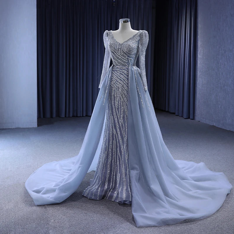 Jancember Rsm222119 Elegant Luxury Blue Mermaid V-Neck Muslim Party Evening Dresses