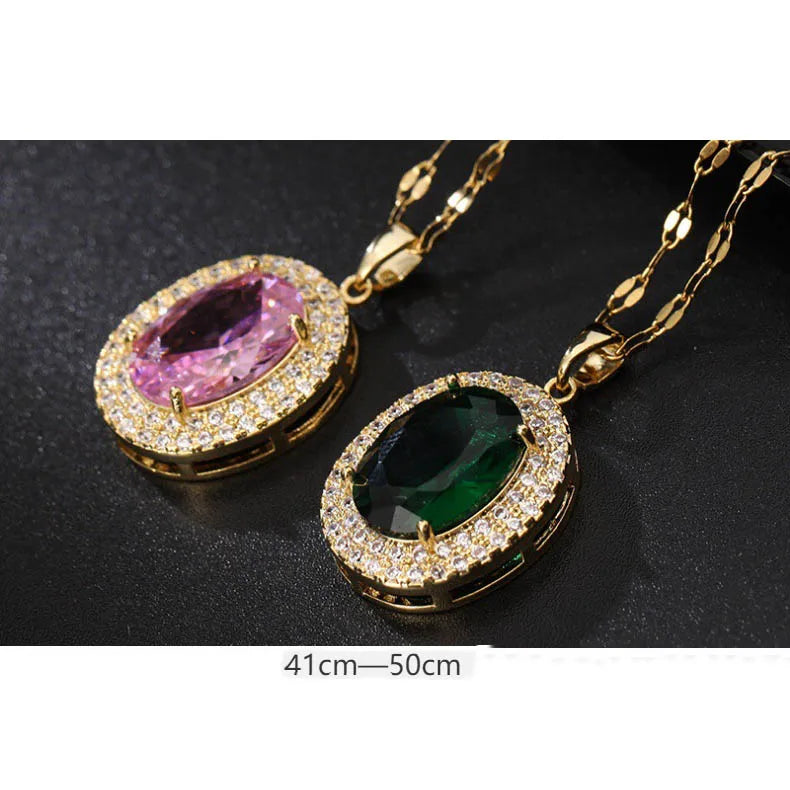 Stainless Steel Diamond Gemstone Pendant Necklace Ladies Big Zircon Women's Titanium Steel Set pink Crystal Rhinestone Necklace