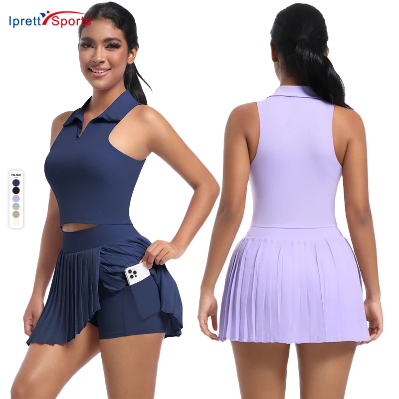 Women's Pleated Tennis Skirt With Built-In Shorts and Collared Crop Top Set High-Waist Skirt With Pockets and Polo Crop Top