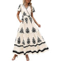 RNSHANGER Women's Summer V-neck Bohemian Maxi Dress Retro Print Long Dresses Pockets Short Sleeve Casual Beach Dresses